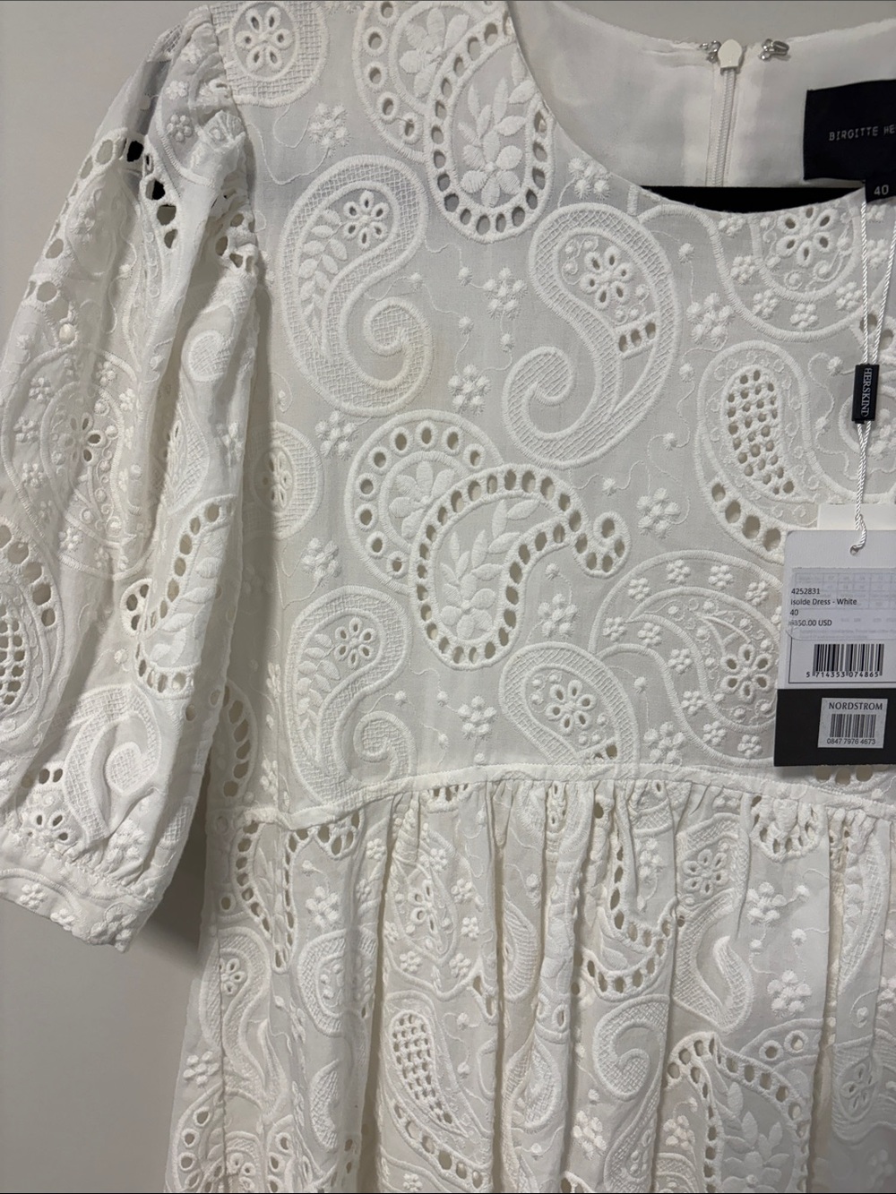 NWT Birgitte Herskind White Eyelet Lace Maxi Dress with Puff Elbow Sleeves - Picture 7 of 11